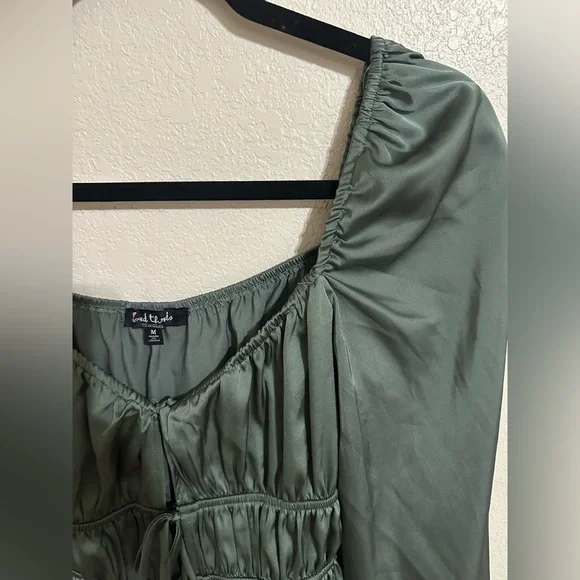 Mixed Threads Tie Front Square Neck Hunter Green Peasant Crop Blouse - Picture 4 of 13